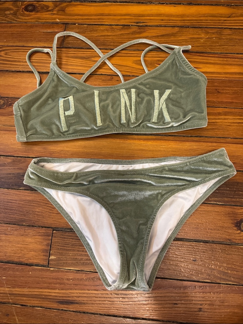 PINK Victoria's Secret Olive Green Velvet Bralette Bikini Set